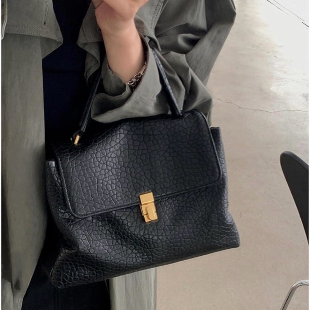 New Mini Hobo, Designer Black Textured Leather Top-Handle Bag with Gold Lock